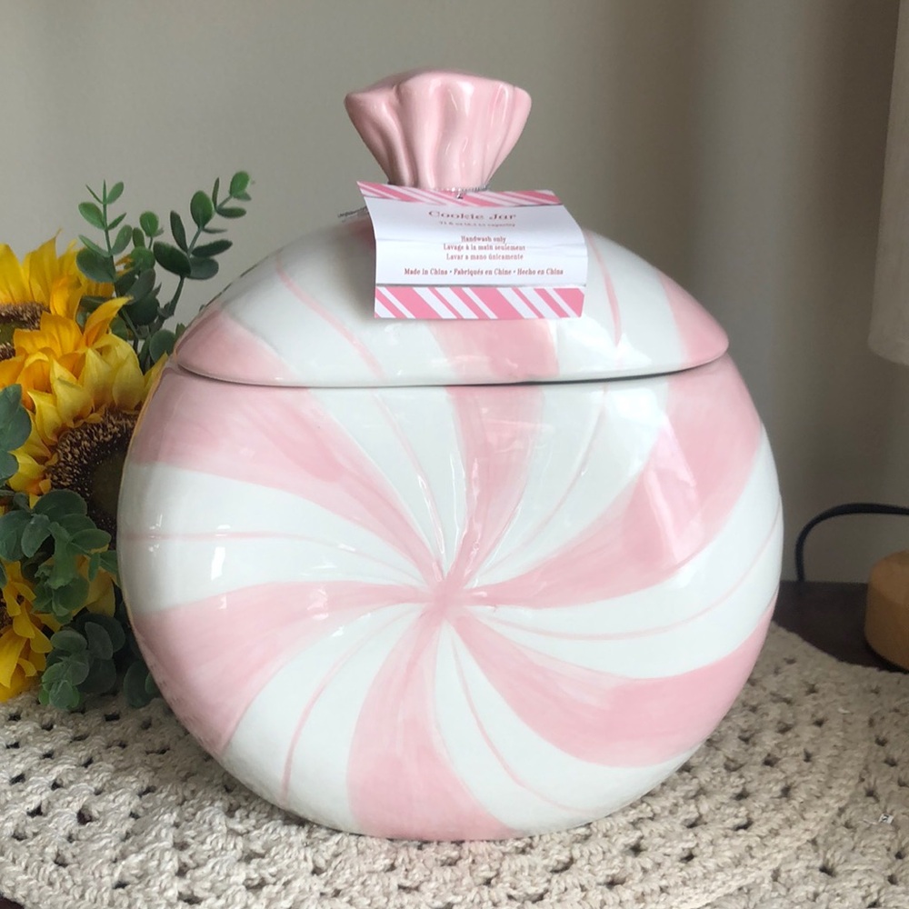 Pink and White Peppermint Swirl Ceramic Cookie Jar